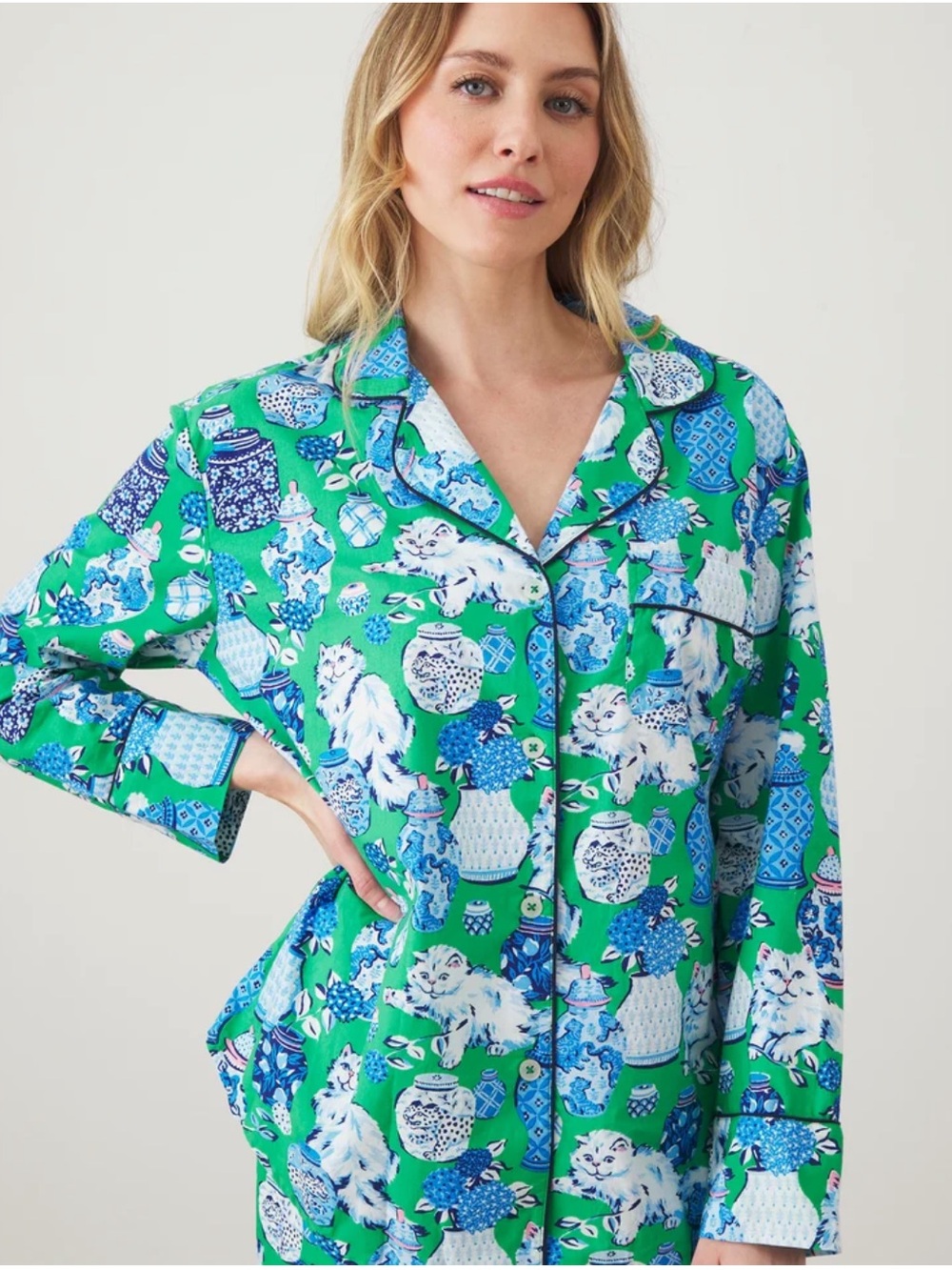 Printfresh Fancy Cat Green Juice Pajama Top M Monogram NWT Size Medium